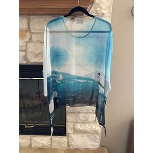 Soft Surroundings Silk Sheer Top Coastal Print Lighthouse Sailboat Blue Blouse L